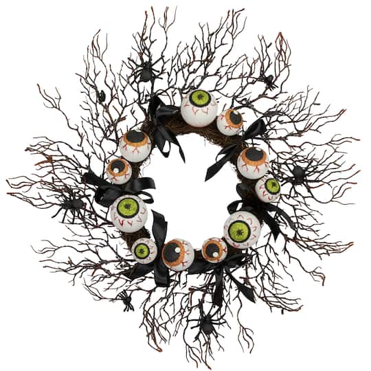 24&#x27;&#x27; Unlit Eyeballs and Spiders Halloween Twig Wreath